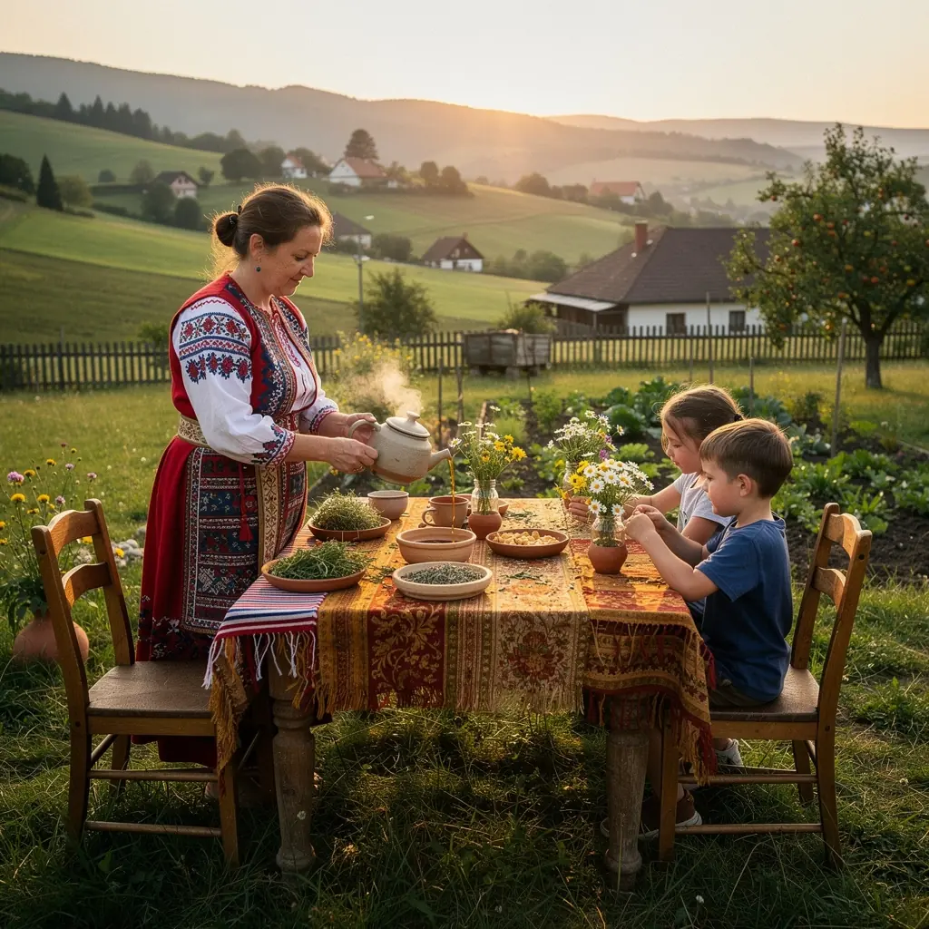 Tradičný rituál prípravy čaju s rodinou na slnečnej terase