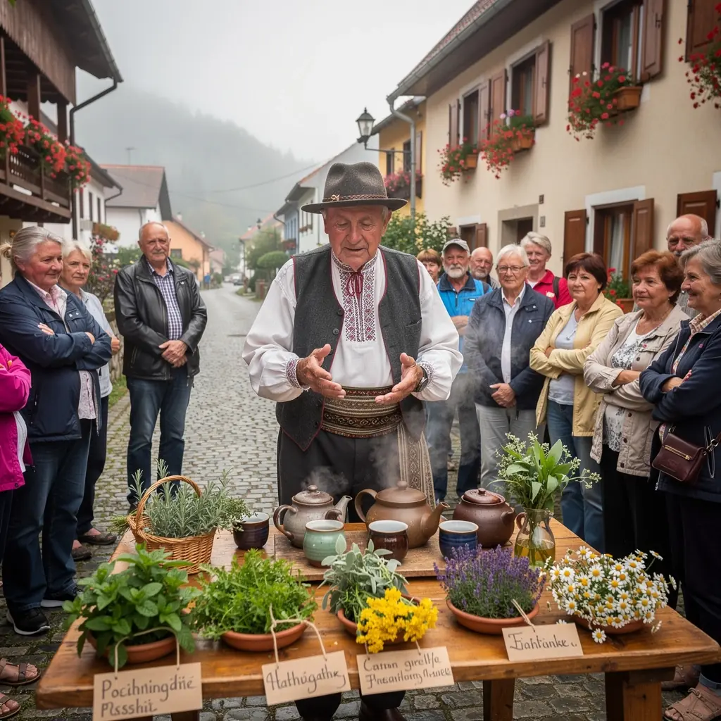 Zátišie s čajovníkom a čerstvými bylinkami na drevenom stole.