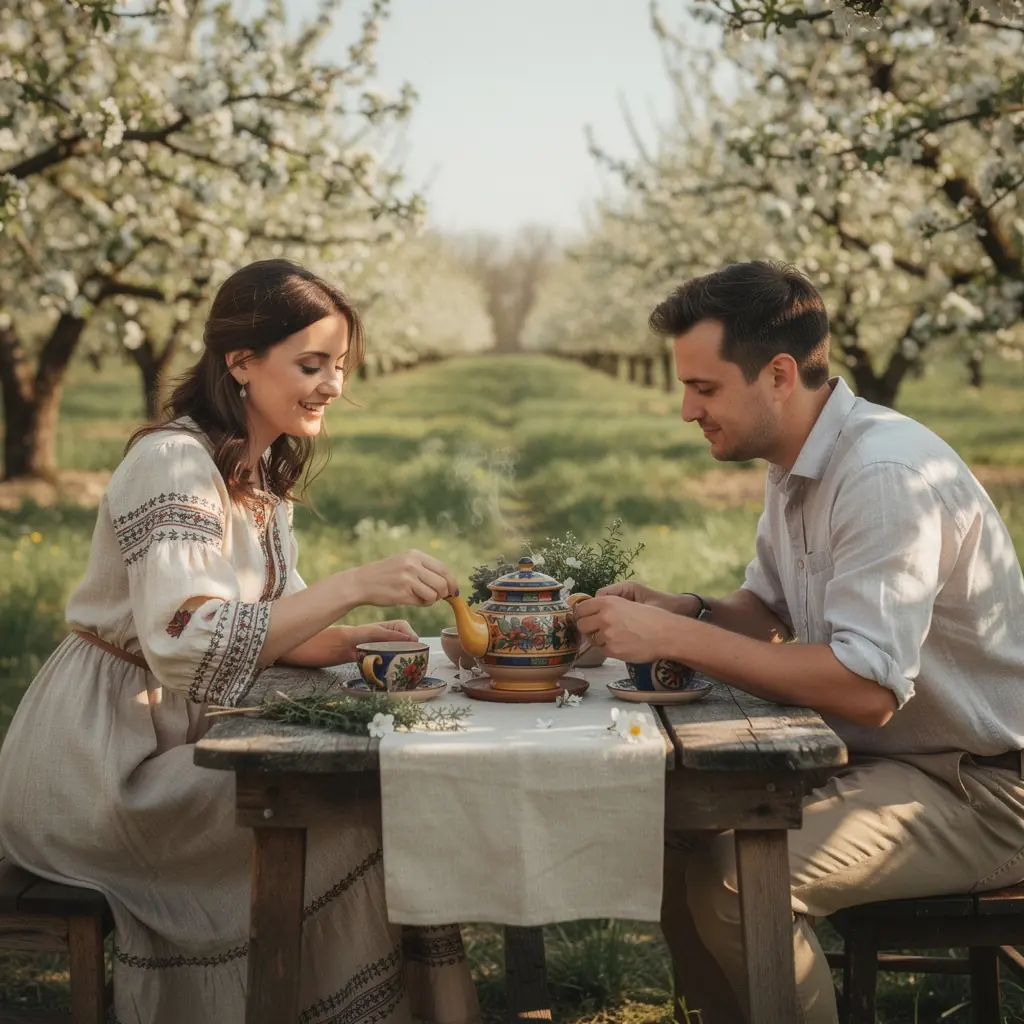 Zelený čaj s bylinkami v tradičnej keramickej šálke na drevenom stole